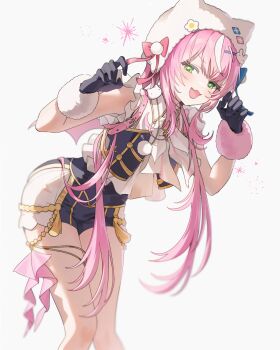 Rule 34 | 1girl, :d, animal hat, bent over, black gloves, blush, cat hat, dangdidangdi, fangs, gloves, green eyes, hashtag-only commentary, hat, highres, knees together feet apart, long hair, looking at viewer, nijisanji, nijisanji idol uniform, nijisanji kr, official alternate costume, open mouth, paw pose, pink hair, simple background, skin fangs, smile, solo, sparkle, virtual youtuber, white background, wide hips, yang nari