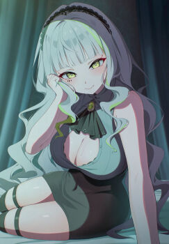 1girl absurdres arm_support ascot black_ascot black_bra black_hairband black_skirt black_thighhighs blunt_bangs bra bra_peek breasts buttons cleavage closed_mouth commentary covered_navel curtains firenze_(stella_sora) gem green_eyes green_gem green_streaks grey_hair grey_shirt hairband hand_in_own_hair hand_on_own_face head_tilt highres indoors lace-trimmed_hairband lace_trim large_breasts long_hair looking_at_viewer multicolored_hair partially_unbuttoned pension_z shirt sidelocks sitting skirt sleeveless sleeveless_shirt smile solo stella_sora streaked_hair sweat thigh_strap thighhighs thighs underwear very_long_hair wavy_hair yokozuwari