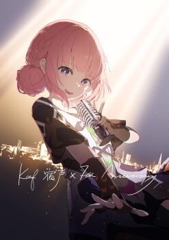 1girl absurdres anniversary blue_eyes commentary_request double_bun dress fingerless_gloves gloves hair_bun highres holding holding_microphone kaf_(kamitsubaki_studio) kamitsubaki_studio looking_at_viewer microphone pink_hair riai_kurumi smile solo yellow_pupils