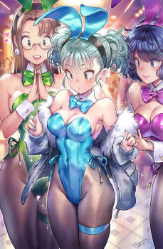 6+girls :o animal_ear_hairband animal_ears aqua_hair bare_shoulders black_jacket black_pantyhose blue_bow blue_bowtie blue_eyes blue_hair blue_leotard blue_nails blush bow bowtie breasts brown_hair closed_mouth commentary_request covered_navel cowboy_shot detached_collar earrings fake_animal_ears fake_tail fur-trimmed_jacket fur_trim glasses green_bow green_bowtie green_eyes green_leotard green_nails hair_ornament hairband hairclip highleg highleg_leotard highres jacket jewelry large_breasts leotard long_hair matsuda_(matsukichi) multiple_girls nail_polish off_shoulder open_clothes open_jacket open_mouth original own_hands_together palms_together pantyhose parted_lips pink_bow pink_bowtie pink_leotard playboy_bunny rabbit_ear_hairband rabbit_ears rabbit_tail semi-rimless_eyewear short_hair short_twintails side-tie_leotard signature skindentation smile sphere_earrings standing strapless strapless_leotard tail thigh_gap thigh_strap twintails under-rim_eyewear very_long_fingernails white_wrist_cuffs wrist_cuffs