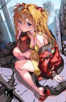 Rule 34 | 1girl, bare shoulders, blue eyes, blush, breasts, brown hair, choker, cleavage, closed mouth, dress, elbow rest, feet, hair between eyes, hairpods, hand on own cheek, hand on own face, head rest, high heels, interface headset (evangelion), jacket, kink (tortoiseshell), long hair, looking at viewer, medium breasts, neon genesis evangelion, off shoulder, pin, red jacket, red shoes, shoes, sitting, sleeves past wrists, soles, solo, souryuu asuka langley, two side up, white choker, yellow dress