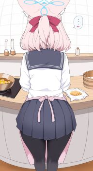 ... 1girl animal_ear_fluff animal_ears apron black_pantyhose black_sailor_collar black_skirt blue_archive blue_halo cooking counter food fox_ears fox_girl from_behind frying_pan hair_ribbon half_updo halo heart highres inarizushi indoors kitchen long_sleeves niko_(blue_archive) pantyhose pink_apron pink_hair pleated_skirt red_ribbon ribbon rice sailor_collar school_uniform shirt short_hair skirt solo spoken_ellipsis spoken_heart stove sushi tofu unamaso white_shirt