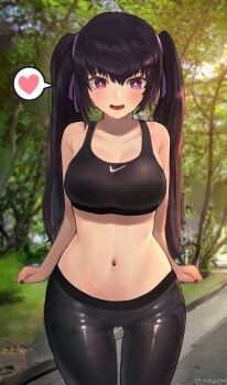 1girl black_pants black_sports_bra borrowed_character collared_shirt eungi fang hair_between_eyes hair_ornament heart highres hip_focus midriff navel nike_(company) original pants park path priite_hari_(torriet) purple_eyes road shirt speech_bubble spoken_heart sports_bra standing sun symbol-shaped_pupils tree twintails wide_hips yoga_pants
