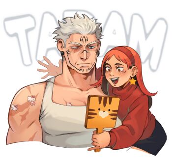 1boy 1girl 50gryvnia blue_eyes brown_eyes commentary cosplay cropped_torso earrings english_commentary english_text expressionless eyebrow_cut gravity_falls grey_hair hello_kitty highres holding holding_mirror itadori_yuuji itadori_yuuji_(cosplay) jewelry jujutsu_kaisen long_hair looking_at_mirror mabel_pines mature_male mirror muscular muscular_male open_mouth partially_blind red_sweater ryoumen_sukuna_(jujutsu_kaisen) ryoumen_sukuna_(jujutsu_kaisen)_(cosplay) sanrio scar scar_on_shoulder short_hair grunkle_stan star_(symbol) star_earrings sticker_on_chest sweater tank_top teeth turtleneck turtleneck_sweater uncle_and_niece white_tank_top wrinkled_skin