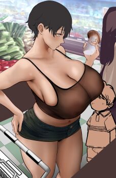 1boy 2girls absurdres aruhi_(aluhi0117) bare_shoulders black_camisole black_hair breasts brown_hair bulge camisole cleavage commentary_request denim denim_skirt erection erection_under_clothes food hand_on_own_hip highres large_breasts looking_down microskirt midriff miniskirt multiple_girls mushroom navel original see-through_cleavage see-through_clothes shopping_basket short_hair shota sideboob skirt solo_focus tile_floor tiles unfinished vegetable