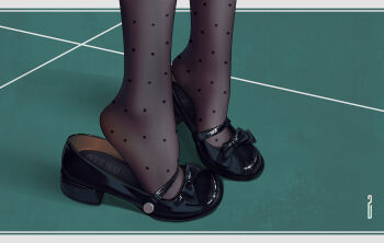 1girl artist_name black_bow black_pantyhose black_shoes bow chinese_commentary commentary_request feet feet_only foot_focus footwear_focus green_background heel_pop high_heels highres mary_janes original paid_reward_available pantyhose polka_dot polka_dot_legwear print_pantyhose qizhu shoes solo tiptoes
