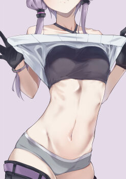 1girl bare_shoulders black_gloves black_pants breasts closed_mouth clothes_lift clothes_pull collarbone commentary_request criss-cross_halter gloves grey_panties halterneck head_out_of_frame highres kanzen_bouon lifting_own_clothes long_hair navel panties pants pants_pull purple_background purple_hair shirt shirt_lift simple_background small_breasts solo underwear vocaloid voiceroid white_shirt yuzuki_yukari