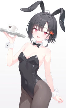1girl :d absurdres alternate_costume animal_ears antenna_hair arm_behind_back bare_shoulders black_bow black_bowtie black_hair black_leotard black_pantyhose blunt_bangs blunt_ends blush bob_cut bow bowtie braid breasts cleavage collarbone commentary covered_navel cowboy_shot cup detached_collar fake_animal_ears fake_tail fish_hair_ornament groin hair_ornament hand_up highres holding holding_tray leotard looking_at_viewer megimegyo open_mouth pantyhose playboy_bunny rabbit_ears rabbit_tail red_eyes short_hair single_braid small_breasts smile solo straight_hair strapless strapless_leotard tail takamiya_nanaka teacup tray tsurime white_wrist_cuffs wrist_cuffs yome_sagashi_ga_hakadori_sugite_yabai.
