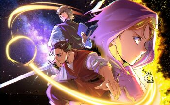 Rule 34 | 1girl, 2boys, badeni, baehee5502, black hair, black tabard, blonde hair, book, chi.: chikyuu no undou ni tsuite, commentary request, dated, eyepatch, gloves, highres, holding, holding book, holding sword, holding weapon, hood, hood up, jolenta, korean commentary, medium hair, multiple boys, oczy, open book, orbital path, scar, scar on face, scar on lip, scar on mouth, scar on nose, serious, signature, sky, sleeves rolled up, space, star (sky), starry sky, sword, tabard, tonsure, weapon, yellow eyes