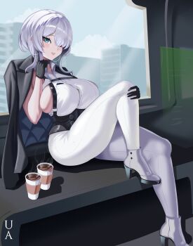 1girl absurdres artist_name black_corset black_gloves black_jacket blue_eyes breasts brid_(nikke) brid_(silent_track)_(nikke) building chest_harness coffee collared_shirt commentary corset cup disposable_coffee_cup disposable_cup earrings english_commentary gloves goddess_of_victory:_nikke hair_between_eyes hair_over_one_eye harness high_heels highres hoop_earrings indoors jacket jacket_on_shoulders jewelry large_breasts leg_up looking_at_viewer pants parted_lips shadow shirt sideboob sidelocks sitting skindentation sleeveless sleeveless_shirt solo suspenders umbridled_ambition white_hair white_pants white_shirt window