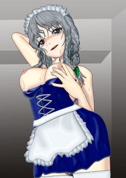 apron arm_behind_head arm_up bare_shoulders blue_dress blue_eyes blush bow braid breasts breasts_out chastity_belt commentary_request dress from_below grabbing_own_breast green_bow green_neckerchief grey_hair hair_bow izayoi_sakuya kams large_breasts looking_at_viewer maid maid_apron maid_headdress neckerchief nipples nose_blush open_mouth thighhighs touhou twin_braids white_thighhighs