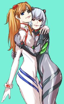 2girls aqua_background ayanami_rei black_bodysuit blue_hair bodysuit breasts breasts_squeezed_together brown_hair evangelion:_3.0+1.0_thrice_upon_a_time eyepatch highres hug interface_headset_(evangelion) long_hair looking_at_viewer mecha_pilot_suit multiple_girls neon_genesis_evangelion parted_lips plugsuit_(evangelion) rebuild_of_evangelion simple_background smile souryuu_asuka_langley tamakoshi_hiroyuki white_bodysuit