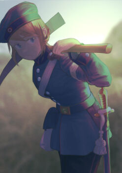 1girl absurdres armband belt belt_buckle black_belt black_pants blonde_hair blue_eyes buckle closed_mouth commentary cowboy_shot grey_jacket highres holding holding_pickaxe jacket karasumi_(sumizono) looking_at_viewer military military_uniform original pants pickaxe prussia short_hair sidelocks solo white_armband