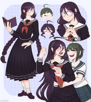 Rule 34 | 2girls, :q, ^ ^, ahoge, artist name, black serafuku, black shirt, black skirt, blue sailor collar, blue skirt, blush, book, braid, caiinu, closed eyes, closed mouth, collared shirt, commentary, danganronpa: trigger happy havoc, danganronpa (series), danganronpa another episode: ultra despair girls, double w, english commentary, eyelashes, fan request, fingernails, fukawa toko, glasses, green hair, grid background, hair between eyes, hair ornament, hairclip, hand up, holding, holding book, hug, hug from behind, long hair, long skirt, long sleeves, mole, mole under mouth, multiple girls, multiple views, naegi komaru, neckerchief, open book, open mouth, own hands together, purple eyes, purple hair, purple shoes, red neckerchief, round eyewear, sailor collar, school uniform, serafuku, shirt, shoes, short hair, short sleeves, skirt, skirt set, socks, standing, sweat, teeth, tongue, tongue out, twin braids, twintails, upper teeth only, very long hair, w, wavy mouth, white sailor collar, white shirt, white socks