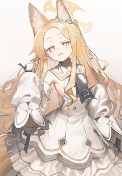 1girl animal_ear_fluff animal_ears bare_shoulders bird blonde_hair blue_archive commentary_request cross_halo detached_sleeves dress flower forehead fox_ears fox_girl fox_tail hair_flower hair_ornament halo highres light_smile long_hair looking_at_viewer open_mouth seia_(blue_archive) simple_background sleeves_past_fingers sleeves_past_wrists solo tail wagashi928 white_background white_dress yellow_eyes yellow_halo