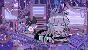 1girl and_uge android black_dress black_socks blue_eyes blue_nails bracelet cable circle_facial_mark clutter commentary_request continue controller crt dot_nose dress feet_up full_body game_cartridge game_console game_controller game_over grey_hair headphones holding holding_controller holding_game_controller jewelry jitome long_hair looking_at_viewer lying marking_on_cheek multicolored_eyes nail_polish nanashi_inc. neon_lights official_art on_stomach power_strip short_dress short_eyebrows snail socks solo television tentacle_hair terada_tera two-tone_eyes unworn_headphones v_ap_art winding_key wing-shaped_hair