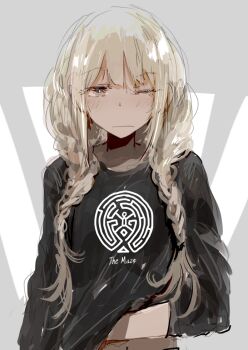 1girl alternate_costume black_shirt blonde_hair braid closed_mouth clothes_writing custom_(cus-tom) futaba_anzu grey_background hair_between_eyes hair_over_shoulder idolmaster idolmaster_cinderella_girls long_hair long_sleeves looking_at_viewer one_eye_closed shirt simple_background solo twin_braids upper_body westworld