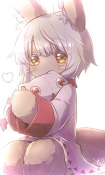 1other animal_ears bandam brown_fur commentary_request dress furry heart highres holding long_sleeves looking_at_viewer made_in_abyss mitty_(made_in_abyss) nanachi_(made_in_abyss) rabbit_ears signature simple_background sitting tail white_background white_dress white_hair yellow_eyes