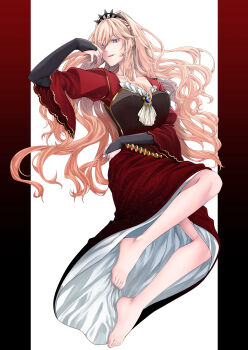 1girl absurdres barefoot blonde_hair brooch commentary_request crown dress genkai_ol-san_wa_akuyaku_reijou-sama_ni_tsukaetai higashizukihi_sei highres jewelry lapis_tenebrae long_hair lying simple_background solo wavy_hair