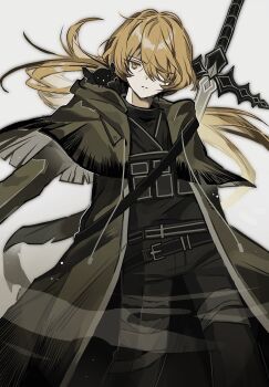 Rule 34 | 1boy, a certain sinclair (project moon), ammunition pouch, animal, animal on shoulder, arm at side, arm behind back, bandaged leg, bandages, belt, belt buckle, bird, bird on shoulder, black belt, black pants, black shirt, blonde hair, buckle, claymore (sword), closed mouth, coat, cowboy shot, expressionless, facial scar, green coat, green sleeves, hair over one eye, highres, limbus company, load bearing equipment, long hair, long sleeves, looking at viewer, male focus, open clothes, open coat, pants, pouch, project moon, scar, scar on cheek, scar on face, shirt, sinclair (project moon), smoke, solo, sword, sword on back, trench coat, tsurime, turtleneck, turtleneck shirt, weapon, weapon on back, white background, xxxxx20090503