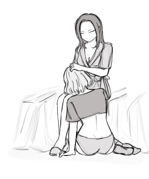 2girls bang_dream! breasts cleavage commentary crop_top greyscale hair_between_eyes hand_on_another&#039;s_head highres medium_hair monochrome multiple_girls panties sato_masuki short_hair short_sleeves sitting slippers underwear vy_fl0wur wakana_rei yuri