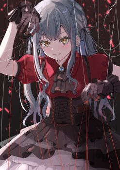 1girl absurdres ascot azakura_(beniyomogi) bang_dream! bang_dream!_it&#039;s_mygo!!!!! black_ascot black_corset black_gloves black_ribbon black_skirt blue_hair braid breasts brooch commentary_request corset gloves hair_ribbon highres jewelry layered_skirt long_hair medium_breasts oblivionis_(bang_dream!) puffy_short_sleeves puffy_sleeves puppet_strings red_shirt ribbon shirt short_sleeves sidelocks skirt solo togawa_sakiko yellow_eyes