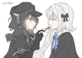 Rule 34 | 2girls, applying another's makeup, applying lipstick, applying makeup, black hair, black hat, choker, closed mouth, commentary request, cosmetics, face-to-face, from side, goggles, grey eyes, hanabore (project sekai), hat, highres, holding, holding lipstick tube, kurobe nanoka, kurobe nanoka's sister, lipstick, lipstick tube, long hair, long sleeves, mahou shoujo no majo saiban, makeup, multiple girls, profile, red lips, ribbon, sanlao1207, siblings, sisters, smile, spoilers, twintails, upper body, white background, yuri