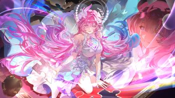 1girl absurdres cyrene_(aedes_elysiae)_(honkai:_star_rail) cyrene_(honkai:_star_rail) cyrene_(ripples_of_past_reverie)_(honkai:_star_rail) diamond-shaped_pupils diamond_(shape) dress flower hair_flower hair_ornament highres honkai:_star_rail honkai_(series) long_hair pink_hair pointy_ears purple_eyes purple_flower purple_rose rose solo symbol-shaped_pupils very_long_hair weishiji white_dress