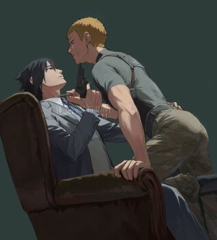 2boys aiming_at_another alternate_costume alternate_universe arm_up belt black_eyes black_hair blonde_hair blue_eyes boruto:_naruto_next_generations brown_pants chair clothes_grab commentary_request facial_mark formal_clothes grey_pants grey_shirt grey_suit gun hand_on_another&#039;s_hip handgun highres holding holding_gun holding_weapon jacket jenmushroom lapels layered_sleeves long_sleeves male_focus multiple_boys naruto_(series) necktie necktie_grab neckwear_grab notched_lapels open_clothes open_jacket pants revolver shirt shirt_tucked_in short_hair short_sleeves sitting suit suit_jacket twitter_username uchiha_sasuke uzumaki_naruto very_short_hair weapon whisker_markings yaoi