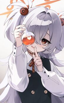 Rule 34 | 1girl, arms up, bags under eyes, black choker, black eyes, black vest, blue archive, bow, bowtie, bright pupils, brown eyes, buttons, choker, collared shirt, diagonal-striped bow, diagonal-striped bowtie, diagonal-striped clothes, eyelashes, finger in own mouth, finger to mouth, fingernails, gradient background, hair between eyes, hair bobbles, hair flaps, hair ornament, hair over eyes, halo, heart, highres, holding, holding potion, holding vial, kanoe (blue archive), long hair, long sleeves, messy hair, mojyo, momoyama momo, multicolored eyes, orange hair, pointy hair, portrait, puffy sleeves, scar, shirt, short twintails, shushing, sidelighting, simple background, sleeveless, solo, striped bow, striped bowtie, striped clothes, twintails, twitter username, two-tone eyes, vest, vial, wavy mouth, white background