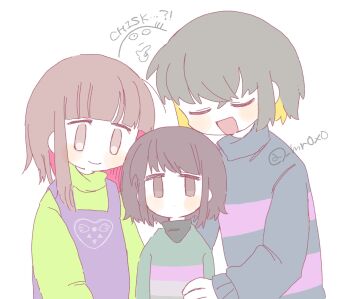 androgynous blue_sweater brown_hair chara_(undertale) delta_rune_(symbol) delta_rune_print frisk_(undertale) green_sweater highres mr0x0 short_hair signature smile striped_clothes striped_sweater sweater three-tone_sweater two-tone_sweater undertale utdr_(toby_fox)