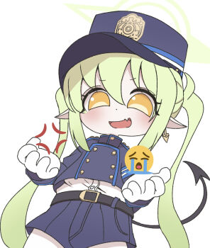 1girl 67_(meme) anger_vein ayo5108 belt blue_archive buttons commentary crying demon_tail earrings emoji fang flat_chest gloves green_hair green_halo hair_between_eyes halo hat highres jewelry long_sleeves meme nose nozomi_(blue_archive) open_mouth pantyhose pointy_ears shirt shorts sidelocks smile tail tears thighhighs twintails untranslatable_commentary uohhhhhhhhh!_(meme) white_background white_shirt white_thighhighs yellow_eyes
