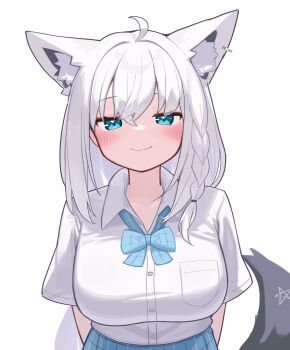 1girl absurdres animal_ear_fluff animal_ears blue_eyes blue_skirt blush breast_pocket breasts collared_shirt deaver fox_ears fox_girl fox_tail highres hololive large_breasts looking_at_viewer medium_hair pocket shirakami_fubuki shirt skirt smile solo tail virtual_youtuber white_background white_hair white_shirt