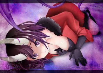 1girl black_bra black_gloves bra breasts broken_horns capelet crazy_eyes crazy_smile demon_girl demon_horns dress eriko_(princess_connect!) fur-trimmed_capelet fur-trimmed_dress fur_trim gloves horns ion_(tohonokaze) lying on_side pointy_ears princess_connect! purple_eyes purple_hair purple_tail red_capelet red_dress shaded_face short_hair smile solo spiked_tail tail underwear