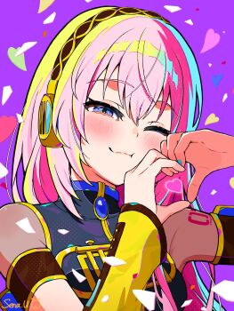 Rule 34 | 1girl, arm cuffs, artist name, ben-day dots, black shirt, blue gemstone, blue nails, blush, breasts, closed mouth, colorful, commentary, detached sleeves, gem, hair between eyes, half-closed eye, hands up, headphones, heart, heart hands, heart in heart hands, high collar, highres, large breasts, long hair, looking at viewer, megurine luka, nail polish, number tattoo, one eye closed, pink hair, purple background, purple eyes, screentones, see-through clothes, see-through cutout, shirt, shoulder tattoo, sidelocks, simple background, sleeveless, sleeveless shirt, smile, solo, symbol-only commentary, tattoo, upper body, uzuki sena, vocaloid