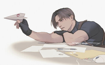 1boy black_gloves black_shirt blue_eyes brown_hair commentary computer_mouse english_commentary fingerless_gloves gloves holding holding_paper_airplane holster leon_s._kennedy male_focus paper paper_airplane parted_hair parted_lips pen resident_evil resident_evil_4 sardine_(kjr0313) shirt short_sleeves solo table white_background