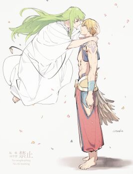 1boy 1other androgynous blonde_hair commentary_request enkidu_(fate) fate/strange_fake fate_(series) gilgamesh_(fate) green_eyes green_hair long_hair looking_at_another lunapont other_with_male red_eyes robe toga white_robe