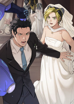 Rule 34 | 1girl, 1other, 2boys, bare shoulders, black gloves, black hair, black jacket, black pants, black suit, blonde hair, blue necktie, braid, breasts, bridal veil, bride, collared shirt, colored skin, commentary, dio brando, double bun, dress, earrings, english commentary, father and daughter, fingerless gloves, flower, formal clothes, gloves, green eyes, green hair, groom, hair bun, highres, indoors, jacket, jewelry, jojo no kimyou na bouken, knee pads, kuujou jolyne, long sleeves, mirror, moonnacorn, multicolored hair, multiple boys, necktie, open mouth, pants, purple skin, reflection, scar, scar across eye, scar on face, shirt, short hair, stand (jojo), star platinum, stardust crusaders, stone ocean, strapless, strapless dress, suit, sweat, sweatdrop, time paradox, tuxedo, two-tone hair, veil, wedding dress, white dress, white gloves, white shirt, yellow jacket