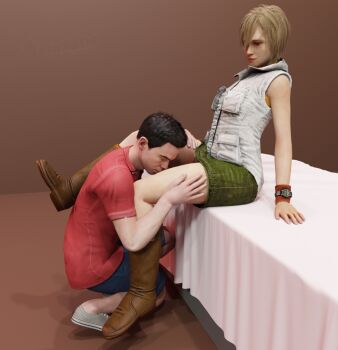 1boy 1girl 3d artist_request bed bedroom blonde_hair boots character_request green_skirt heather_mason jacket kissing_thigh leather leather_boots legs short_hair silent_hill silent_hill_(series) silent_hill_3 sitting skirt sleeveless sleeveless_turtleneck smile source_request thigh_grab thighs turtleneck vest watch