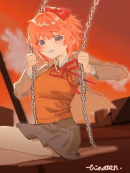 1girl artist_name blue_eyes bow brown_vest commentary doki_doki_literature_club doki_doki_literature_club_school_uniform english_commentary evening grey_jacket grey_skirt grin hair_bow highres hinaten jacket looking_at_viewer miniskirt neck_ribbon on_swing open_clothes open_jacket orange_sky outdoors pink_hair red_bow red_ribbon ribbon sayori_(doki_doki_literature_club) school_uniform short_hair sidelocks sitting skirt sky smile solo swing vest
