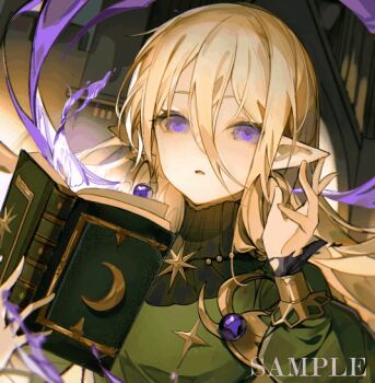 1girl animated animated_gif baibaibaizai bead_necklace beads blonde_hair blue_sky book casting_spell castle chinese_commentary commentary_request commission day elf empty_eyes expressionless eyelashes eyeshadow floating_hair frilled_sleeves frills green_shirt hair_between_eyes hair_bobbles hair_ornament hand_up holding holding_book jewelry light_blush long_hair long_hair_between_eyes long_sleeves looking_ahead makeup making-of necklace open_book orange_eyeshadow original outdoors parted_lips pointy_ears puffy_long_sleeves puffy_sleeves purple_eyes sample_watermark shirt sidelocks sky solo stairs star_(symbol) star_necklace turtleneck turtleneck_shirt upper_body watermark