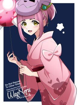 1girl :d absurdres arched_bangs balloon border character_mask commentary_request eyelashes from_side gen_2_pokemon gen_7_pokemon granbull hair_ornament highres holding japanese_clothes kimono lacey_(pokemon) looking_to_the_side mask mask_on_head minior nintendo open_mouth outside_border pink_kimono pokemon pokemon_sv print_kimono purple_hair red_sash sash smile solo star_(symbol) tongue wagu_neru watermark white_border yellow_eyes yukata
