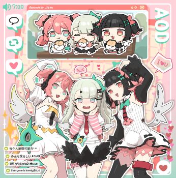 3girls :3 absurdres angel_wings arm_warmers asymmetrical_bangs bench black_hair black_skirt black_thighhighs bow burger chibi chinatsu_remiel detached_sleeves dress eating food gradient_eyes green_bow green_hair halo heart heart_arms heart_arms_trio highres holding holding_burger holding_food idol long_hair looking_at_viewer multicolored_eyes multicolored_hair multiple_girls necktie on_bench ooyun park_bench pink_hair quad_tails red_necktie rokudu_sariel shirt short_dress single_thighhigh skirt smile striped_arm_warmers thighhighs twintails white_dress white_shirt wings yutane_johiel zenless_zone_zero