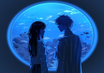 1boy 1girl absurdres aquarium black_hair blue_theme chainsaw_man collared_shirt denji_(chainsaw_man) eananaia fish highres long_hair long_sleeves looking_at_another mitaka_asa shirt short_hair short_sleeves skirt