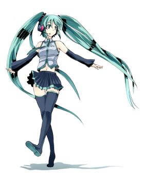 1girl aqua_eyes aqua_hair bare_shoulders boots closed_mouth detached_sleeves full_body gin'ichi_(akacia) hatsune_miku headset long_hair midriff navel necktie simple_background smile solo split_mouth standing standing_on_one_leg thigh_boots thighhighs twintails very_long_hair vocaloid white_background zettai_ryouiki