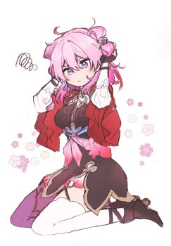 Rule 34 | 1girl, 5rwpvc, absurdres, ahoge, bell, black gloves, blue eyes, breasts, chinese clothes, dress, fingerless gloves, gloves, hair ornament, high heels, highres, honkai: star rail, honkai (series), jacket, march 7th (honkai: star rail), march 7th (hunt) (honkai: star rail), medium hair, messy hair, multicolored eyes, official alternate costume, official alternate hairstyle, pink eyes, pink hair, seiza, shuangyaji, sitting, solo, thighhighs, thighs, two-tone eyes