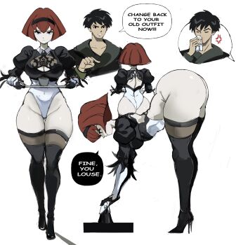 1boy 1girl 2b_(nier:automata) 2b_(nier:automata)_(cosplay) android aroused_nosebleed ass bent_over black_boots black_dress black_eyes black_gloves black_hair bob_cut boots breasts cleavage_cutout clothing_cutout commentary cosplay dress english_commentary english_text feather-trimmed_sleeves gloves gluteal_fold high_heel_boots high_heels highres holding holding_tissue holding_tray large_breasts leotard multiple_views nier:automata nier_(series) nosebleed r_dorothy_wayneright rakeemspoon red_hair roger_smith short_hair speech_bubble the_big_o thigh_boots thong_leotard tray white_background