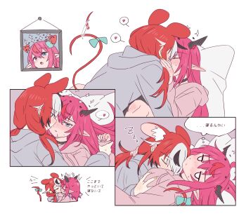 Rule 34 | 2girls, between breasts, black choker, black streaks, blue eyes, blush, breasts, choker, closed eyes, commentary, ear blush, earclip, face between breasts, grabbing another's breast, grey hoodie, groping, hakos baelz, halo, head between breasts, heart, highres, hololive, hololive english, hood, hoodie, horns, irys (hololive), kiss, long hair, mouse girl, mouse tail, multiple girls, parted lips, pillow, pink hair, pink hoodie, pink nails, pointy ears, ramphastostella, red hair, simple background, speech bubble, spoken heart, symbol-only commentary, tail, thought bubble, translation request, virtual youtuber, white background, white streaks, yellow nails, yuri