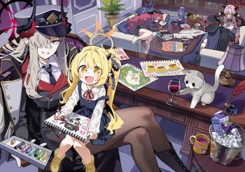 5girls bag_of_chips blue_archive carton cat chiaki_(blue_archive) chips_(food) commentary_request crayon cup demon_girl demon_horns demon_tail drinking_glass food grape_juice hat highres holding holding_crayon horns ibuki_(blue_archive) iroha_(blue_archive) juice kurihara_sakura makoto_(blue_archive) military_uniform multiple_girls pandemonium_society_(blue_archive) pantyhose peaked_cap potato_chips satsuki_(blue_archive) tail teacup wine_glass