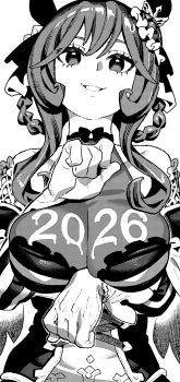 Rule 34 | 1girl, 2026, animal ears, bare shoulders, braid, braided hair rings, breasts, cleavage, collarbone, commentary request, corset, detached sleeves, dress, ear covers, ear ornament, gentildonna (regina dei fiori) (umamusume), gentildonna (umamusume), gloves, greyscale, hair between eyes, hair ornament, hair rings, heart-shaped ornament, heart ear ornament, highres, horse ears, horse girl, ireading, large breasts, long hair, looking at viewer, monochrome, open mouth, see-through cleavage, see-through clothes, simple background, smile, solo, umamusume, white background